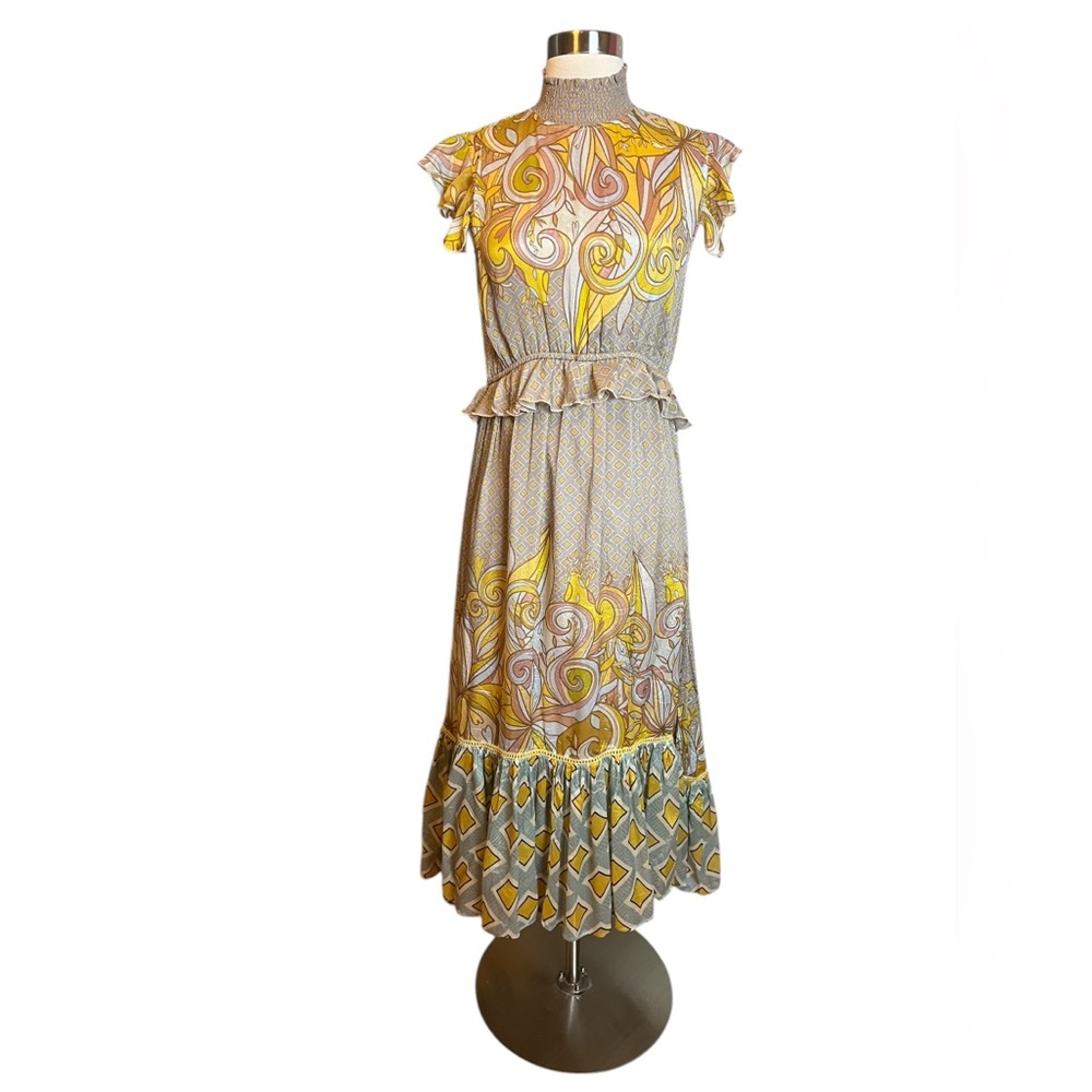 Anthropologie Blnk London Dress Small Tan Swirl Print Ruffled Flutter Sleeve